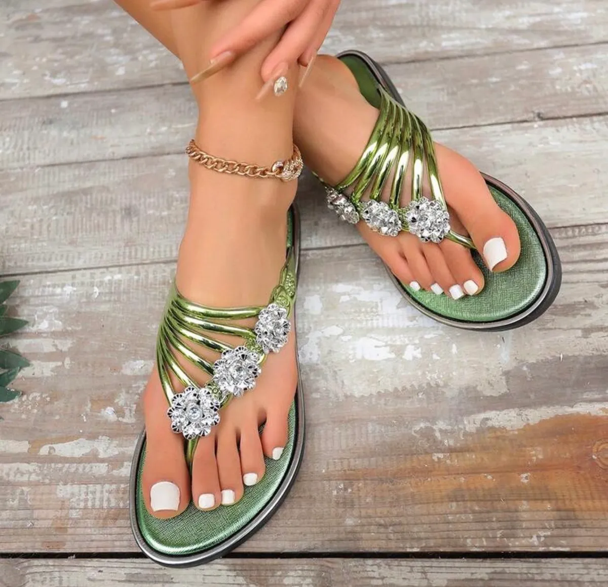 Green Women Rhinestone Flip Flops- SIZE 8.5-9