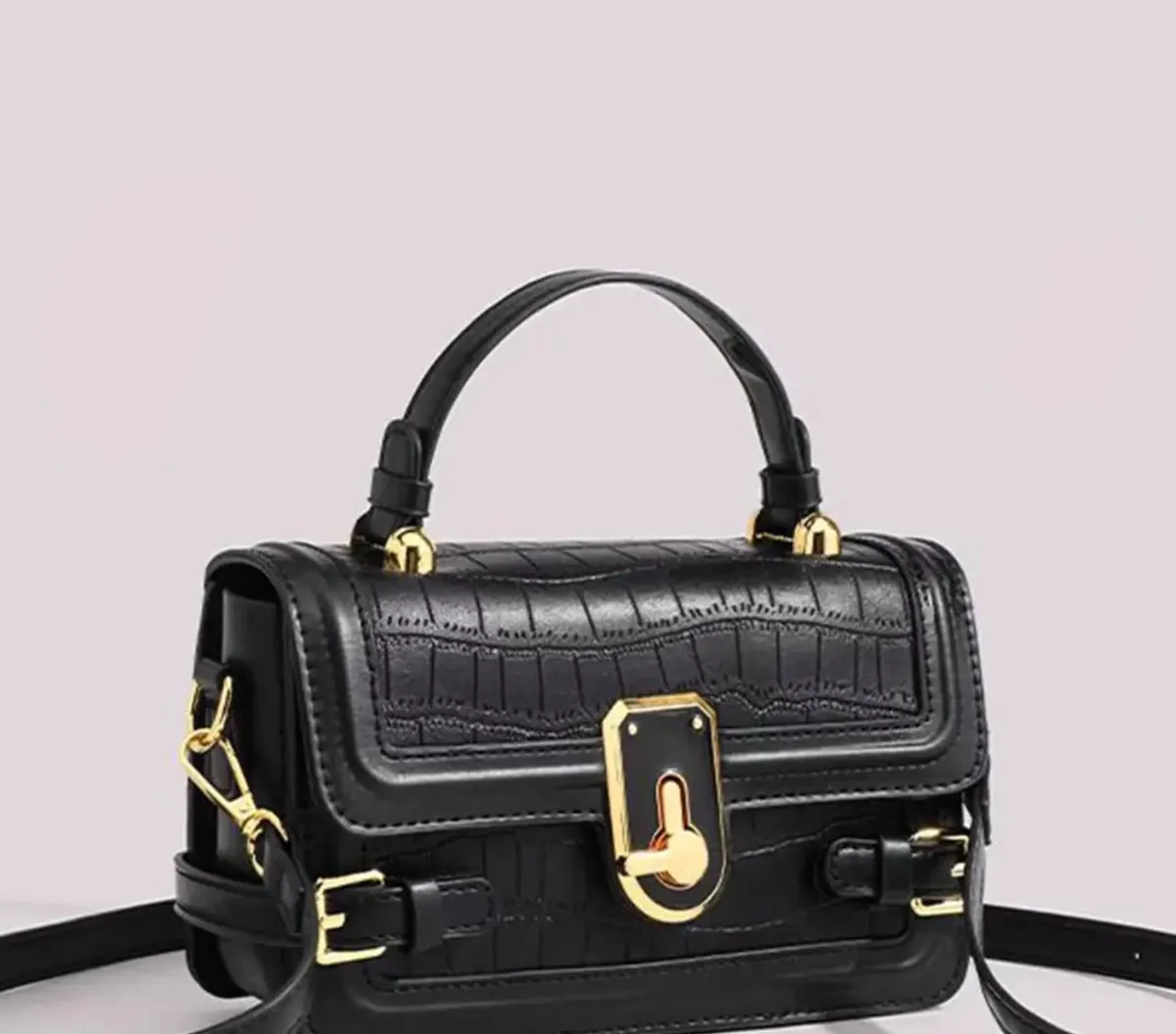 Women's Black Textured Structured With Detachable Strap Bag