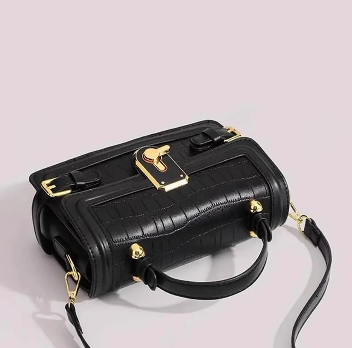Women's Black Textured Structured With Detachable Strap Bag