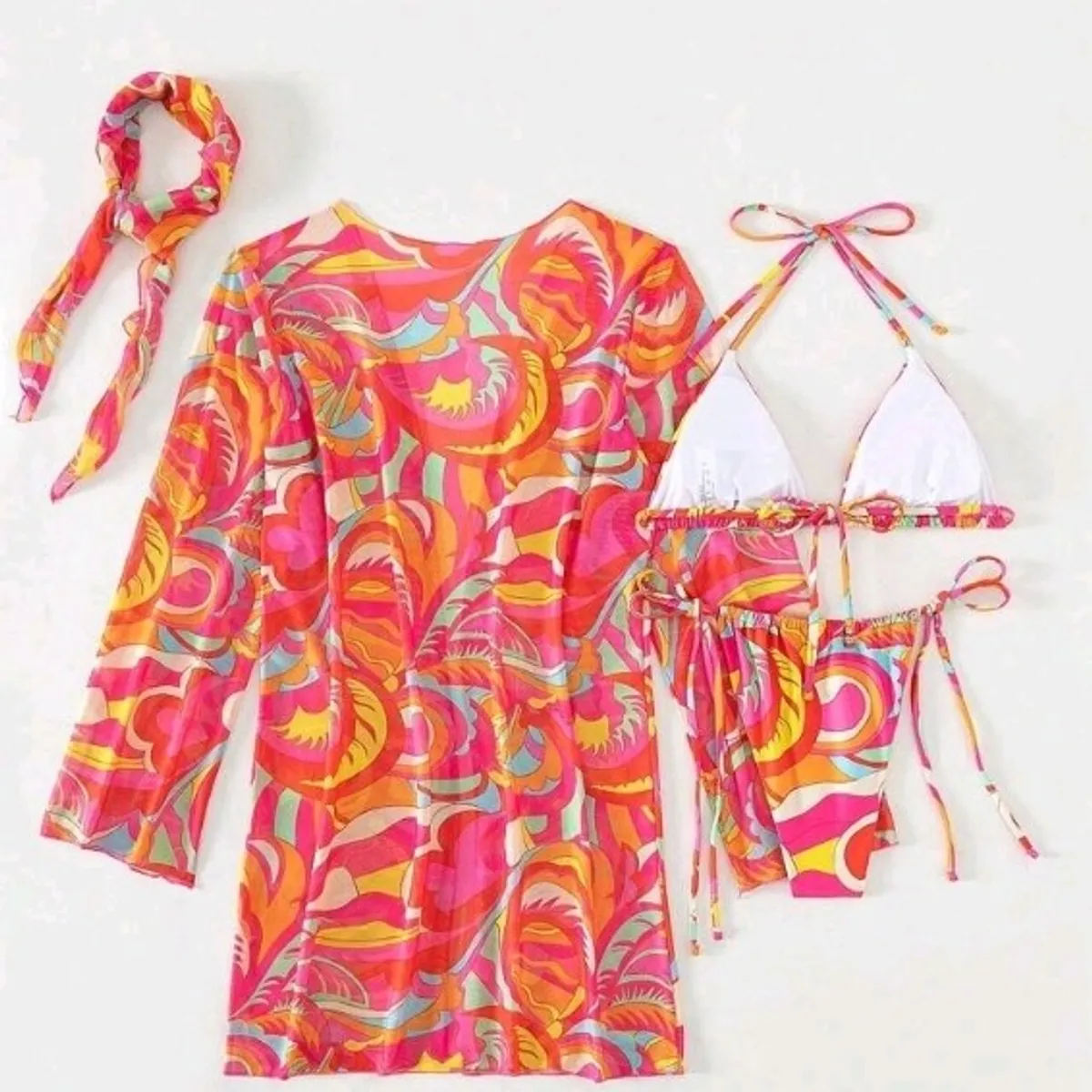 Women's Multi-Colored Halter Triangle Bikini Set With Kimono-Size S
