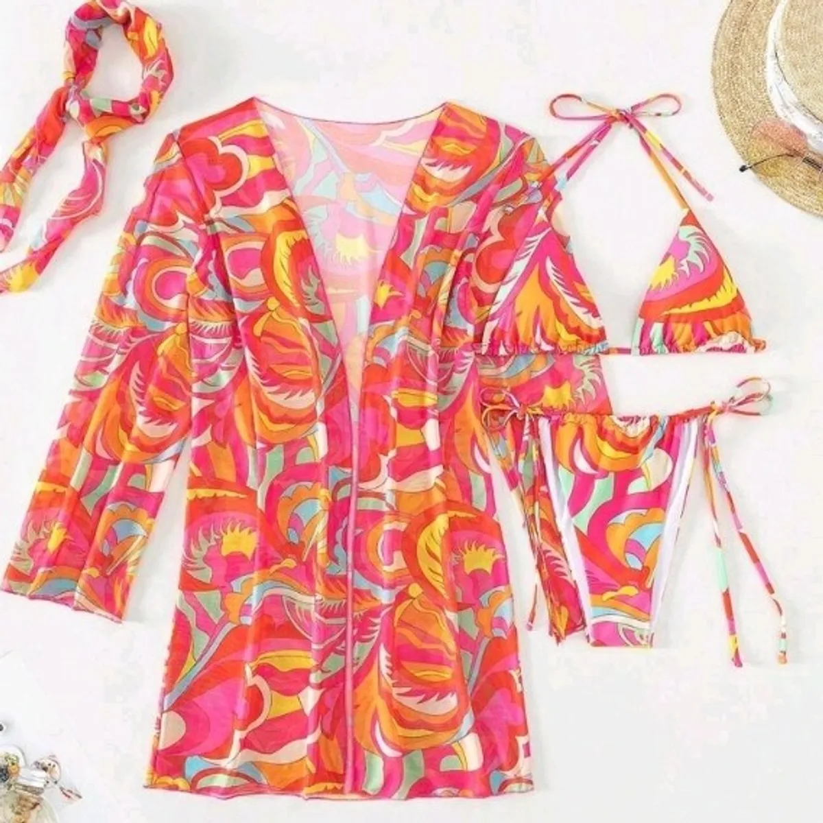 Women's Multi-Colored Halter Triangle Bikini Set With Kimono-Size S