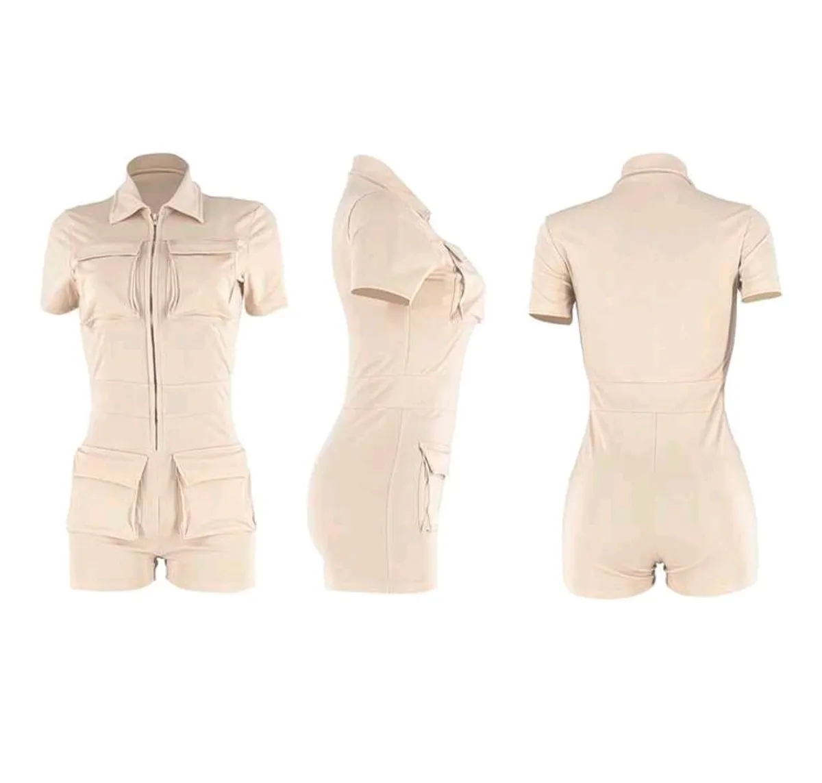Slim Fit Solid Short Sleeve Collared Zipper Cargo Jumpsuit With Pockets - Size M