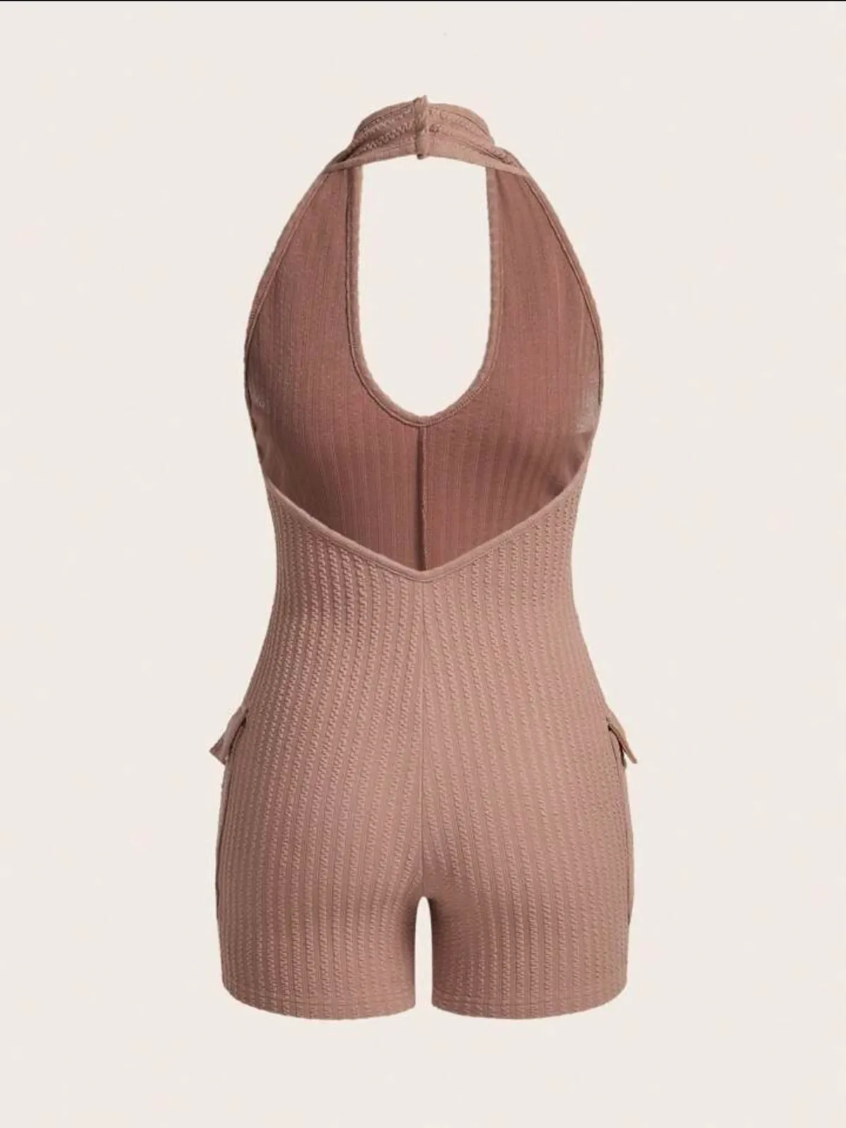 Fashionable Casual Jumpsuit Featuring Pockets, Backless, Knitted Jacquard, Halterneck And Skinny Fit - Size M