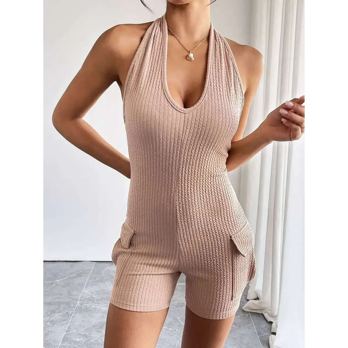 Fashionable Casual Jumpsuit Featuring Pockets, Backless, Knitted Jacquard, Halterneck And Skinny Fit - Size M