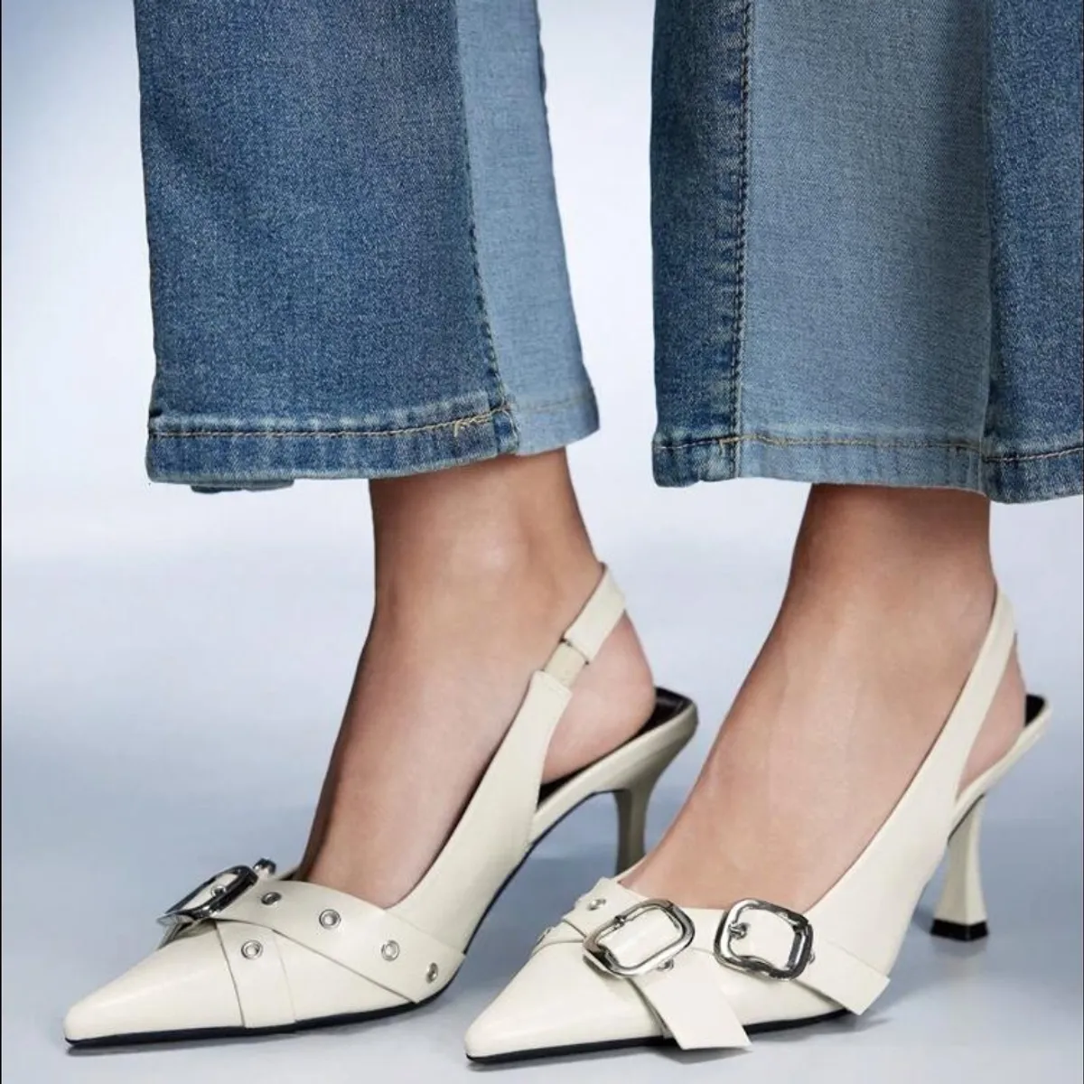 Women off White Chunky Heel, Shallow Back Strap, High Heels With Buckle-Size 8.5