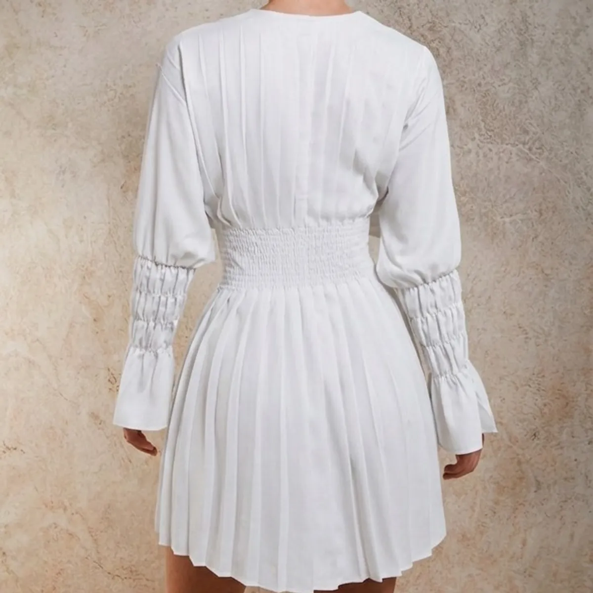 Women's White Pleated Short Dress-Size M