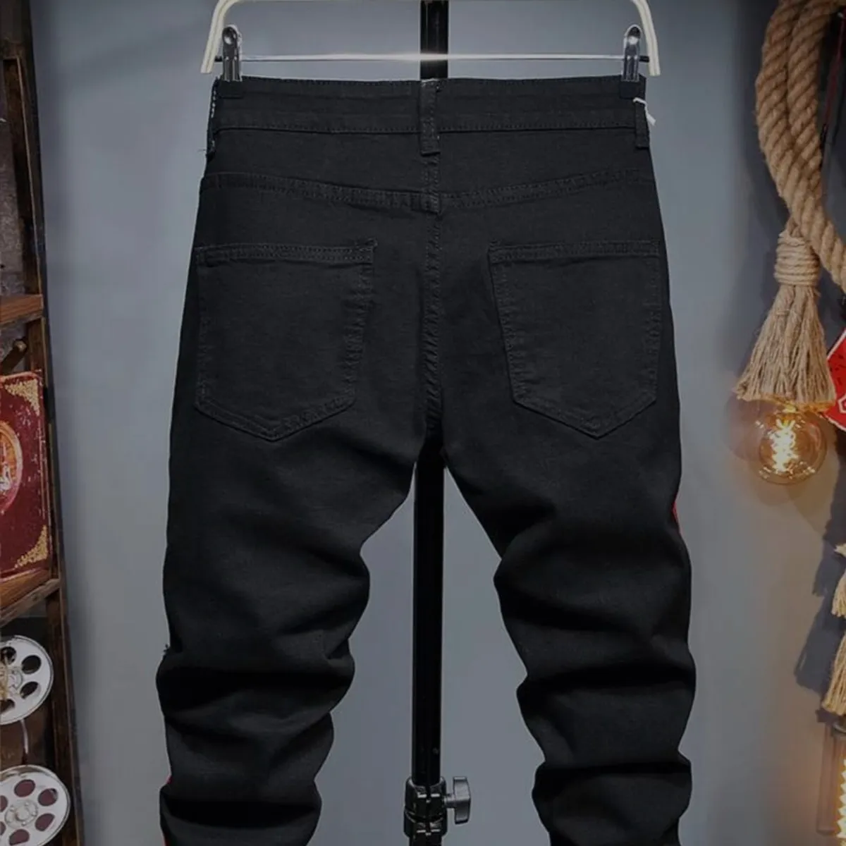 Men's Black Ripped jeans feature Distinctive Red side stripes and "New York" patches-Size 28