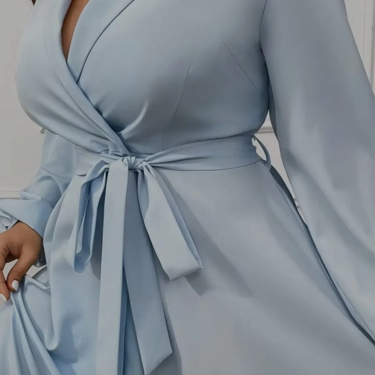 Women's wrap Light Blue shawl collar lantern sleeve belted dress-Size XL