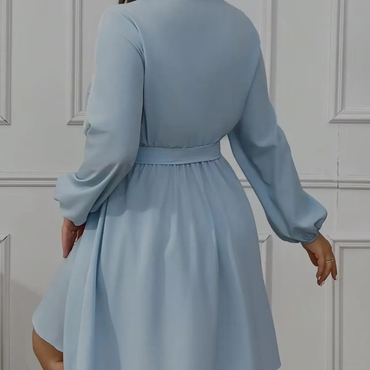 Women's wrap Light Blue shawl collar lantern sleeve belted dress-Size XL