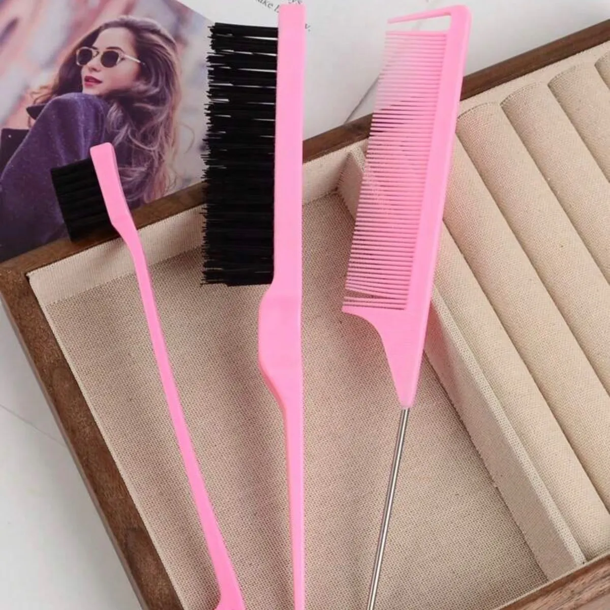 Pink 3pcs/Set Hairdressing Tools: 3-Row Bristle Brush, Tail Comb, Eyebrow Brush