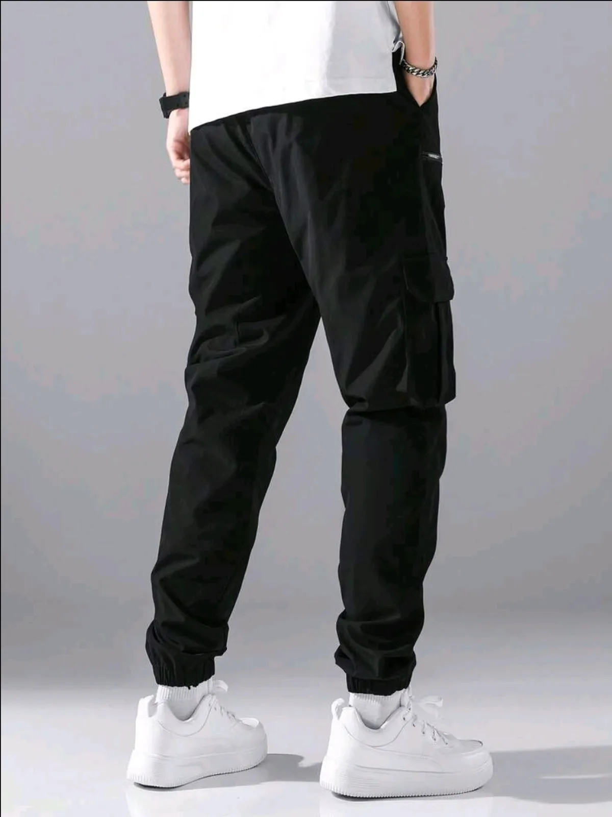 Loose Fit Men's Cargo Trousers With Flap Pocket, Drawstring Waist - Size S