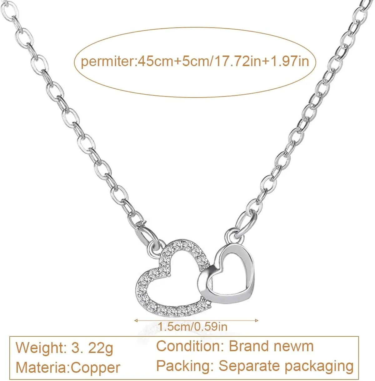 Women's Silver Interlocking Double Heart Chain Necklace
