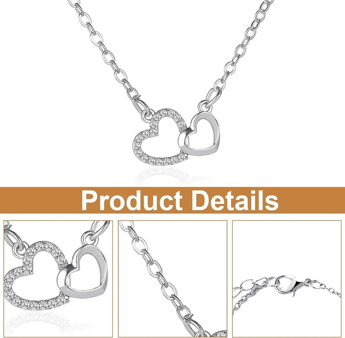 Women's Silver Interlocking Double Heart Chain Necklace