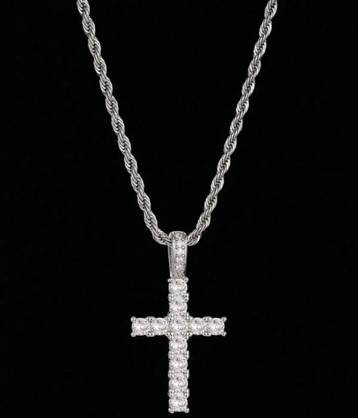 1pc Men Stainless Steel Cross Pendant With Twisted Rope Chain Hip Hop Rap Rock Fashion Diamond-Inlaid Necklace SILVER