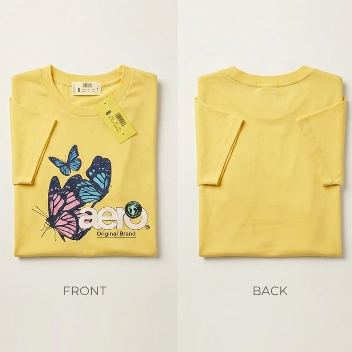 Women's Yellow Aeropostale T-Shirt features a Colorful Butterfly graphic and the brand's logo on the front-Size M