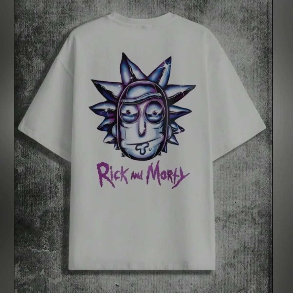 Men's white GXG tee features a Rick and Morty skull graphic on the chest-Size M