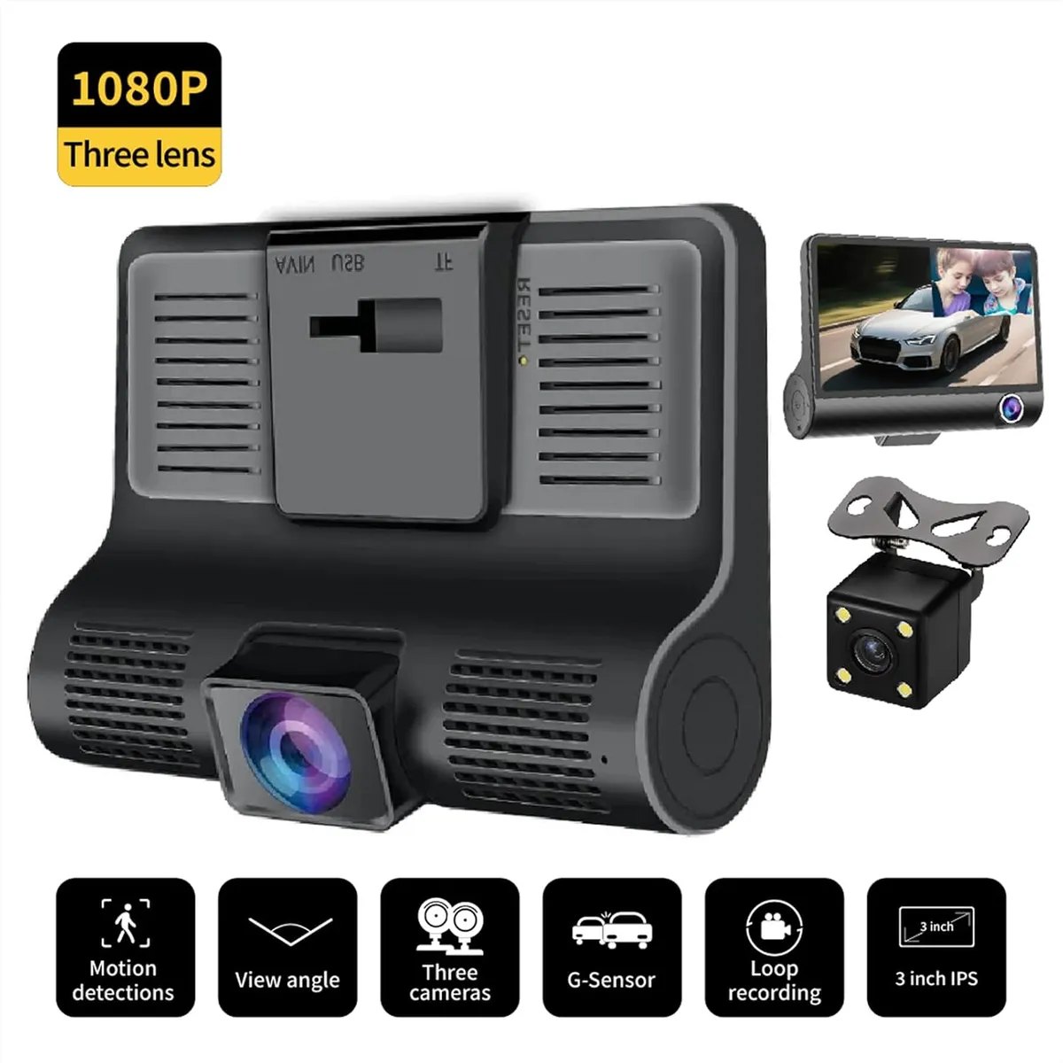 Dashcam F-1080P, 3 Lens (w/1 rear & 1 cabin camera) (w/o MSD card)