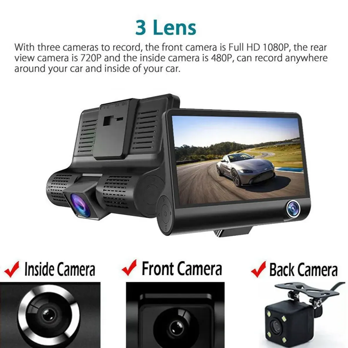 Dashcam F-1080P, 3 Lens (w/1 rear & 1 cabin camera) (w/o MSD card)