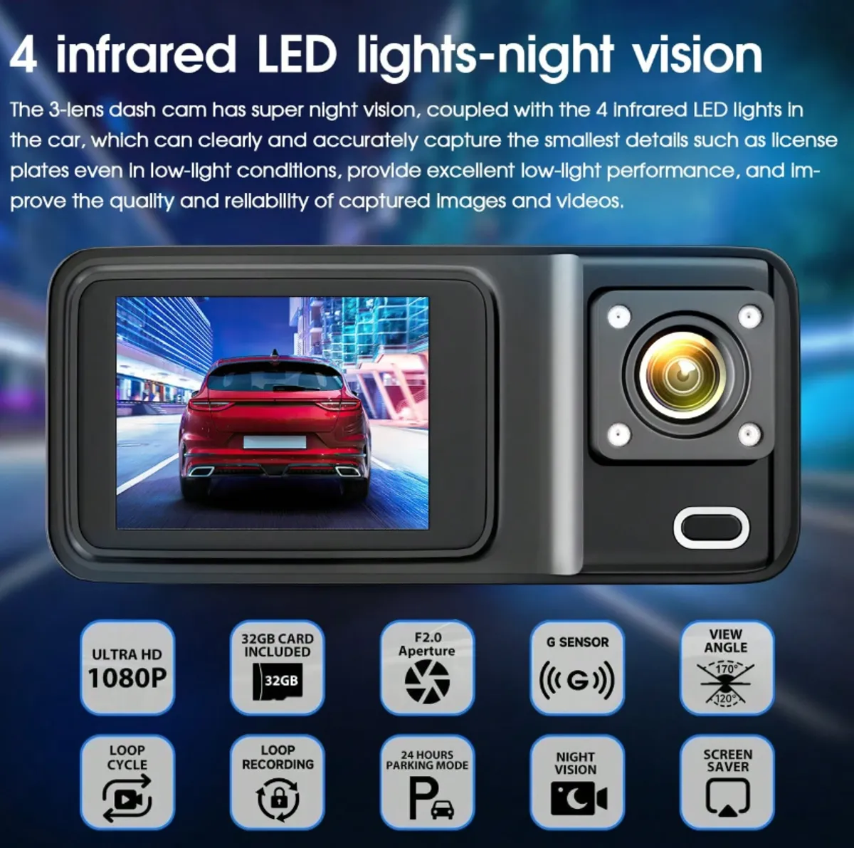 Dashcam G- 1080P 3-Channel Dash Cam - Front/Rear/Interior Recording (w/ 32GB MSD Card)