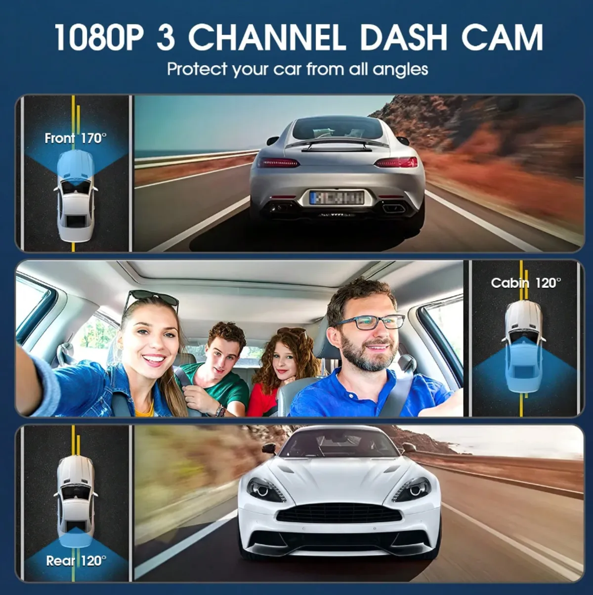 Dashcam G- 1080P 3-Channel Dash Cam - Front/Rear/Interior Recording (w/ 32GB MSD Card)