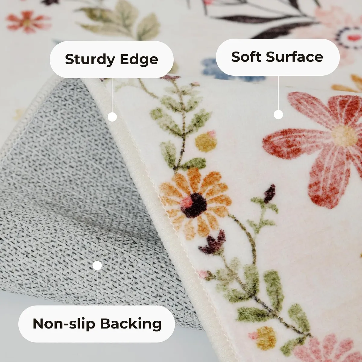 5x7 Floral Area Rug, Machine Washable Boho Flower Print, Non-Slip Low Pile Carpet for Living Room, Bedroom, Kitchen, Soft Indoor Home Decor