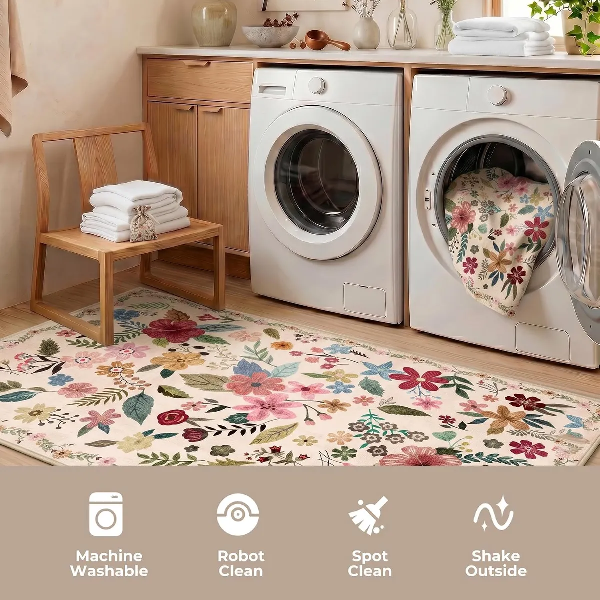 5x7 Floral Area Rug, Machine Washable Boho Flower Print, Non-Slip Low Pile Carpet for Living Room, Bedroom, Kitchen, Soft Indoor Home Decor