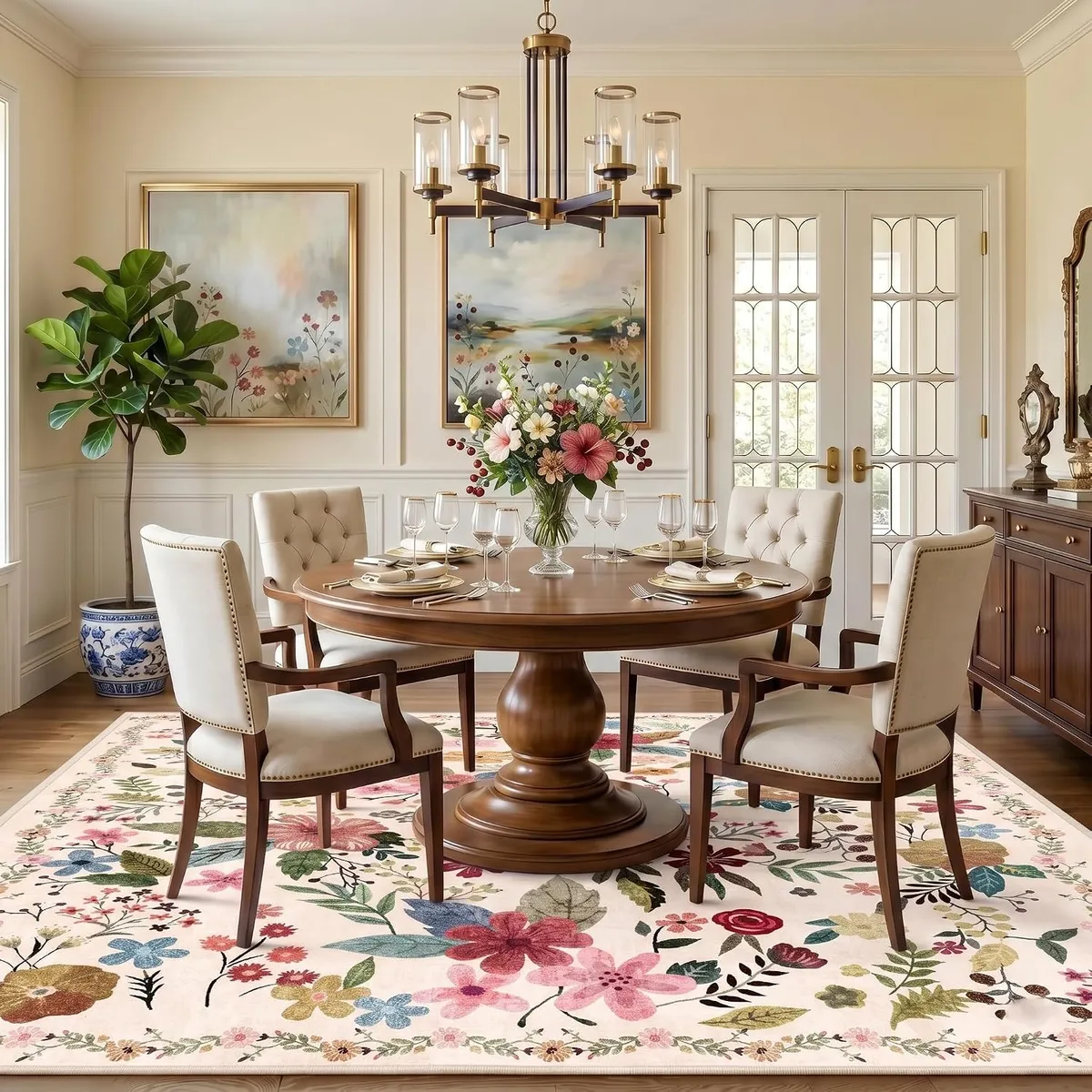 5x7 Floral Area Rug, Machine Washable Boho Flower Print, Non-Slip Low Pile Carpet for Living Room, Bedroom, Kitchen, Soft Indoor Home Decor