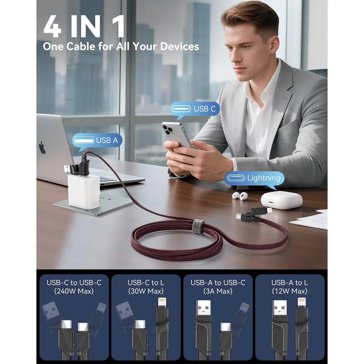 4-in-1 Multi Charging Cable, USB-C to USB-C 240W Fast Charge, USB-A/C to Lightning 20W, Nylon Braided 4FT Cord for iPhone, Samsung, iPad, MacBook