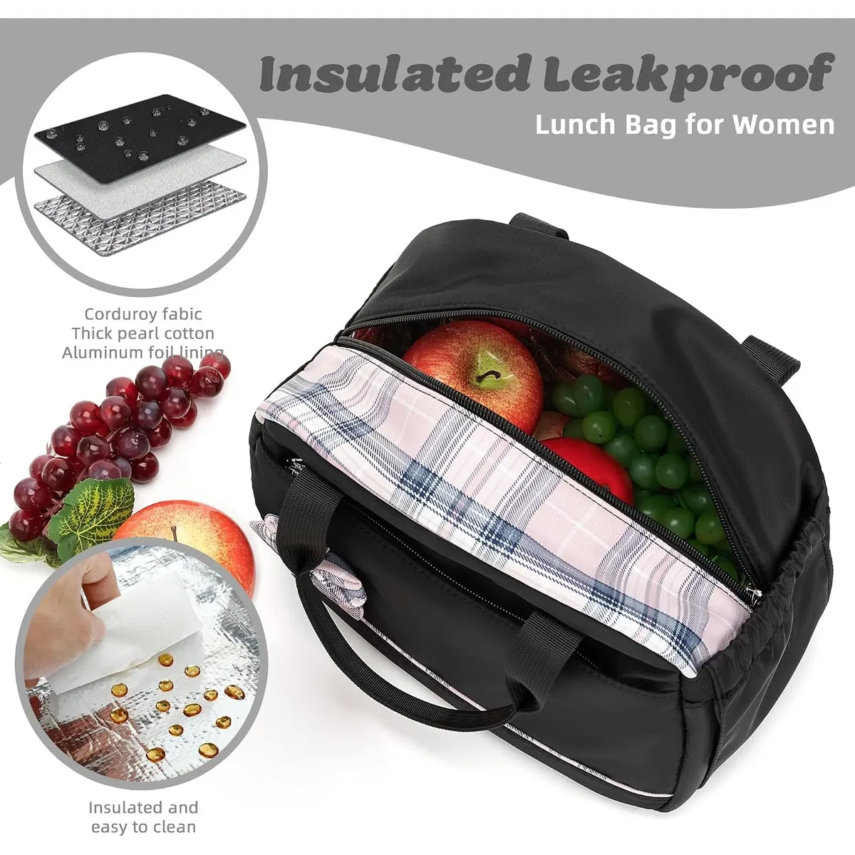 Insulated Lunch Bag, Leakproof Cooler Tote with Bowknot, Reusable Lunch Box with Shoulder Strap, Cute Lunch Carrier