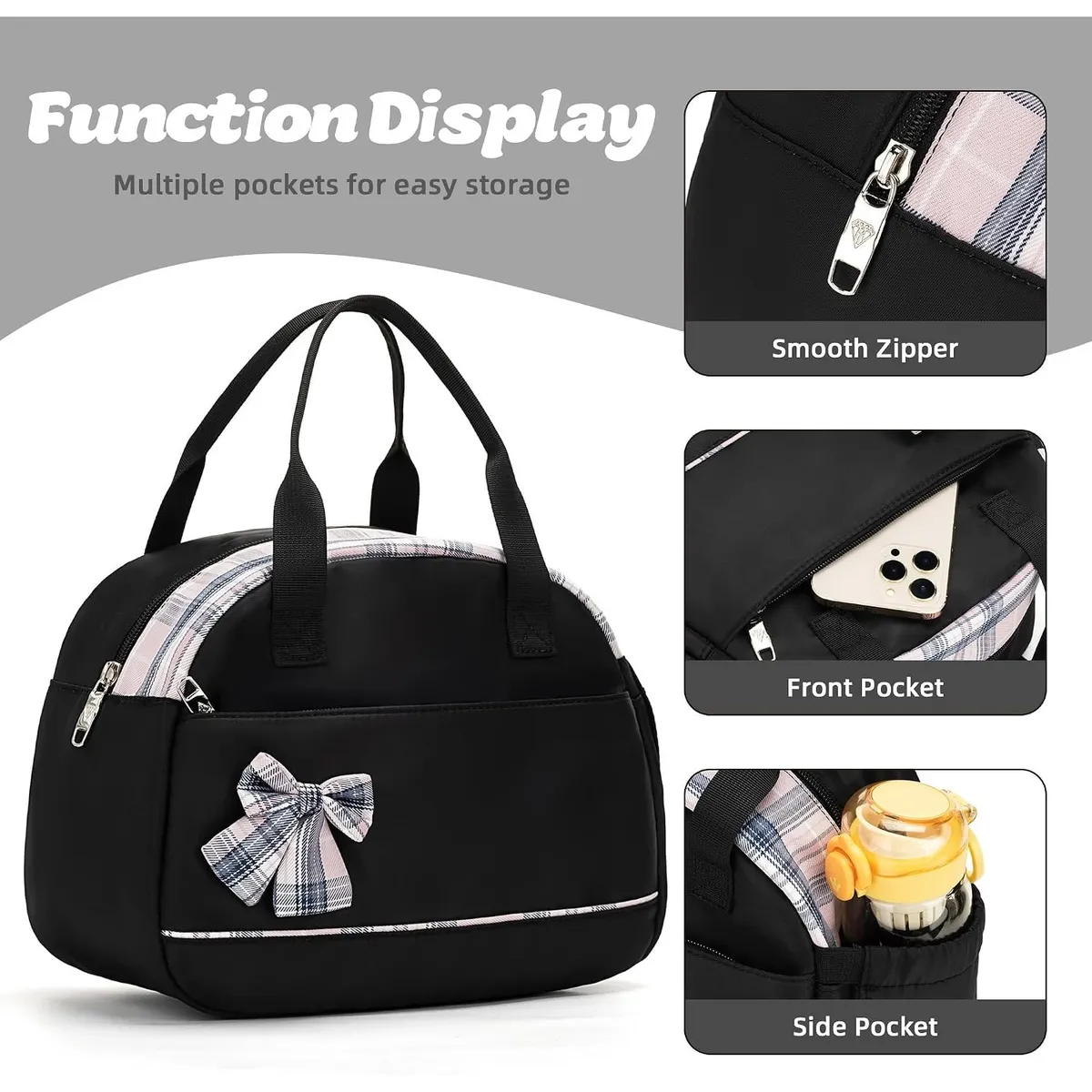 Insulated Lunch Bag, Leakproof Cooler Tote with Bowknot, Reusable Lunch Box with Shoulder Strap, Cute Lunch Carrier