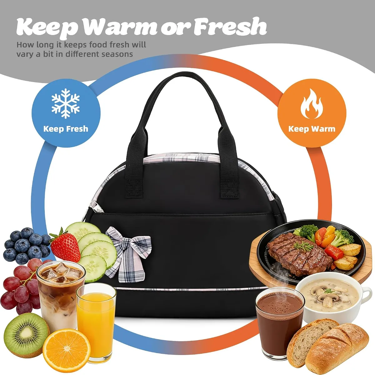 Insulated Lunch Bag, Leakproof Cooler Tote with Bowknot, Reusable Lunch Box with Shoulder Strap, Cute Lunch Carrier