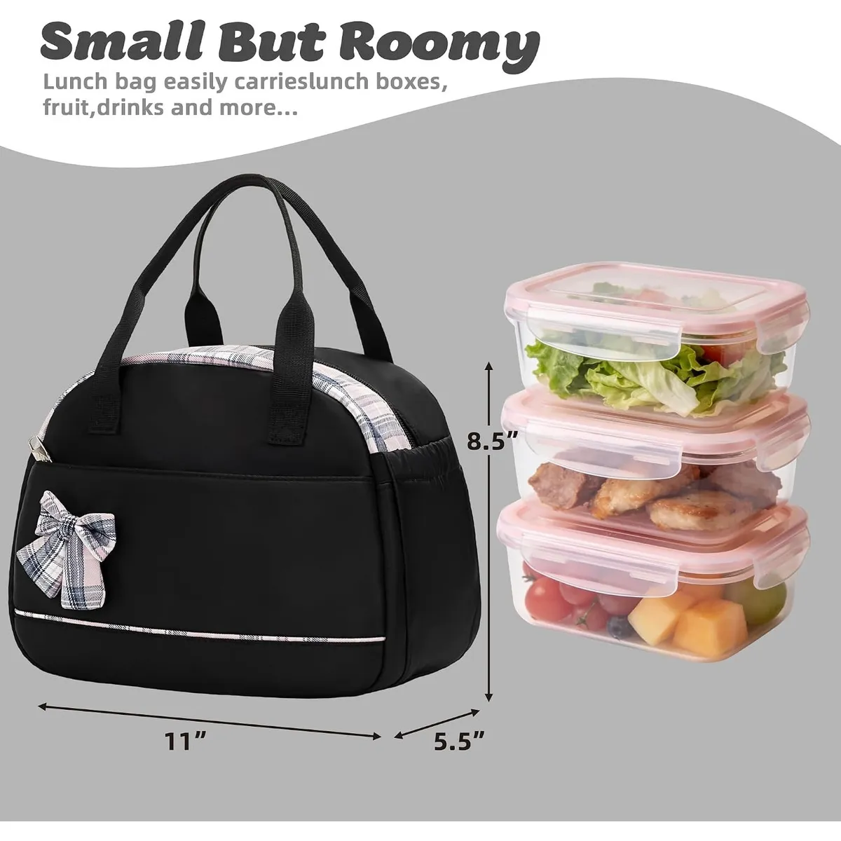 Insulated Lunch Bag, Leakproof Cooler Tote with Bowknot, Reusable Lunch Box with Shoulder Strap, Cute Lunch Carrier