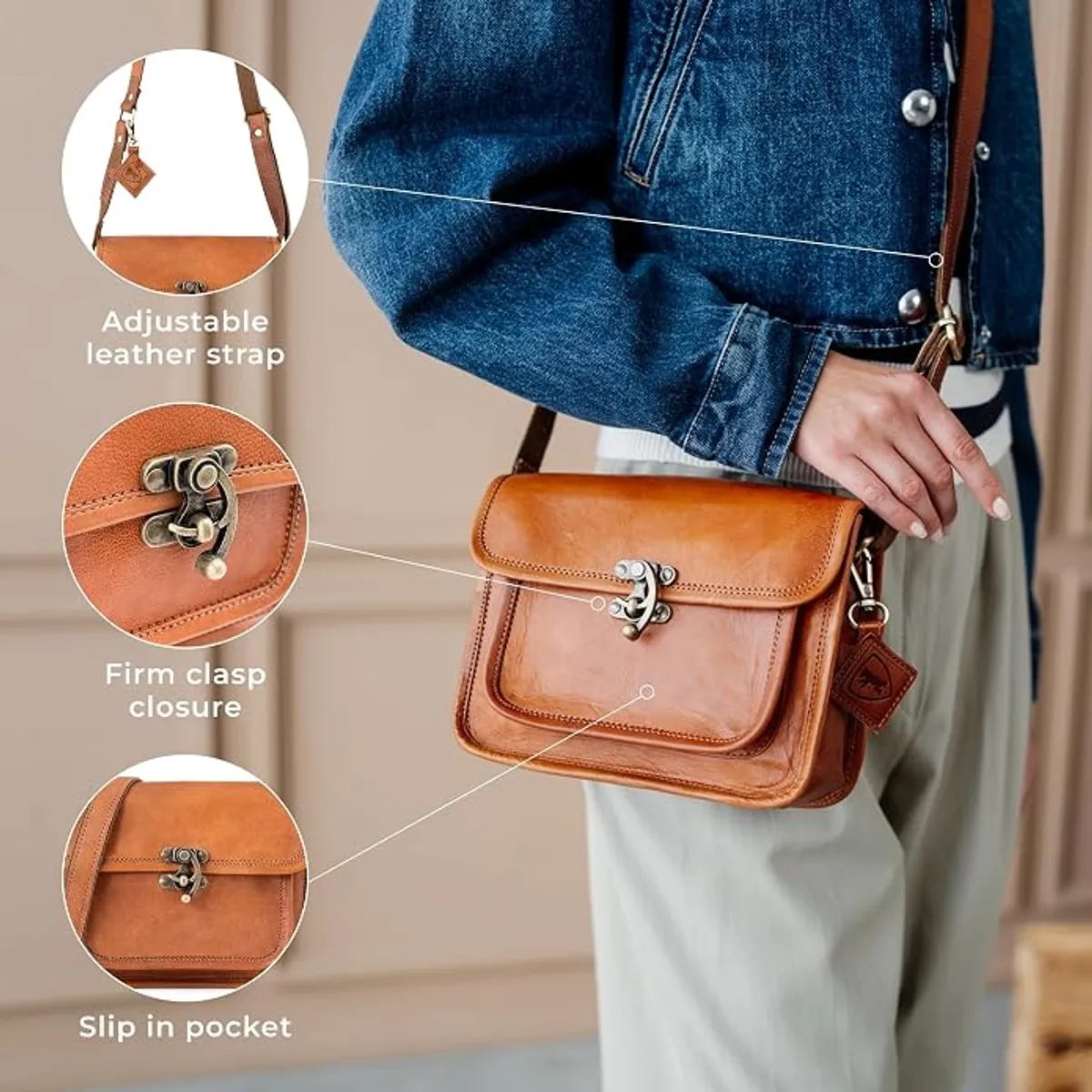 Vintage Genuine Leather Crossbody Bag, Small Shoulder Satchel with Adjustable Strap, Vegetable-Tanned Leather Handbag, Compact Everyday Purse