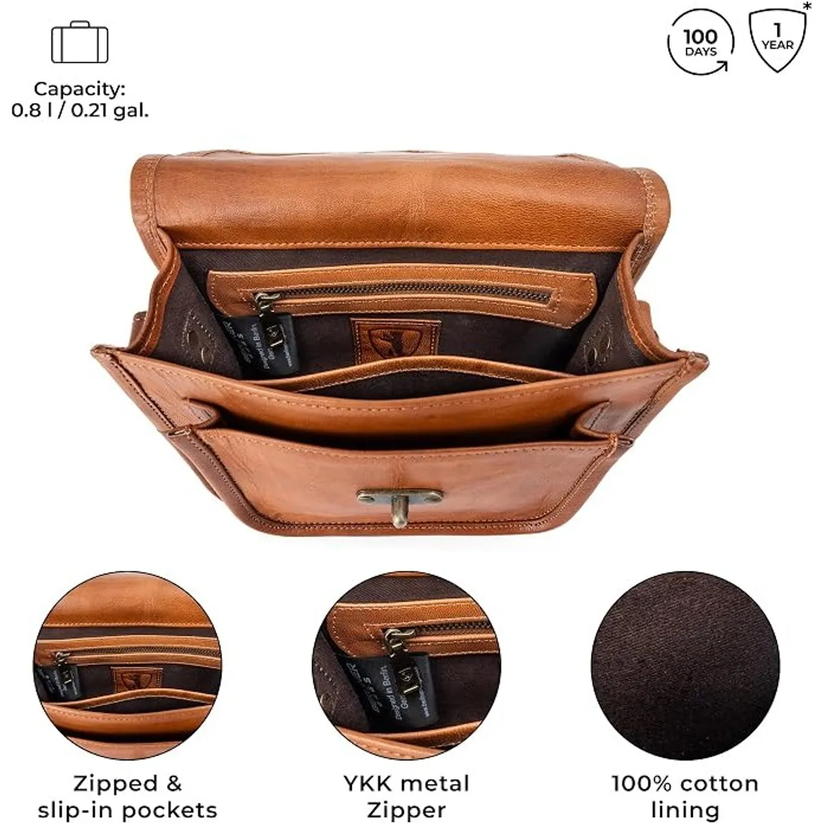 Vintage Genuine Leather Crossbody Bag, Small Shoulder Satchel with Adjustable Strap, Vegetable-Tanned Leather Handbag, Compact Everyday Purse