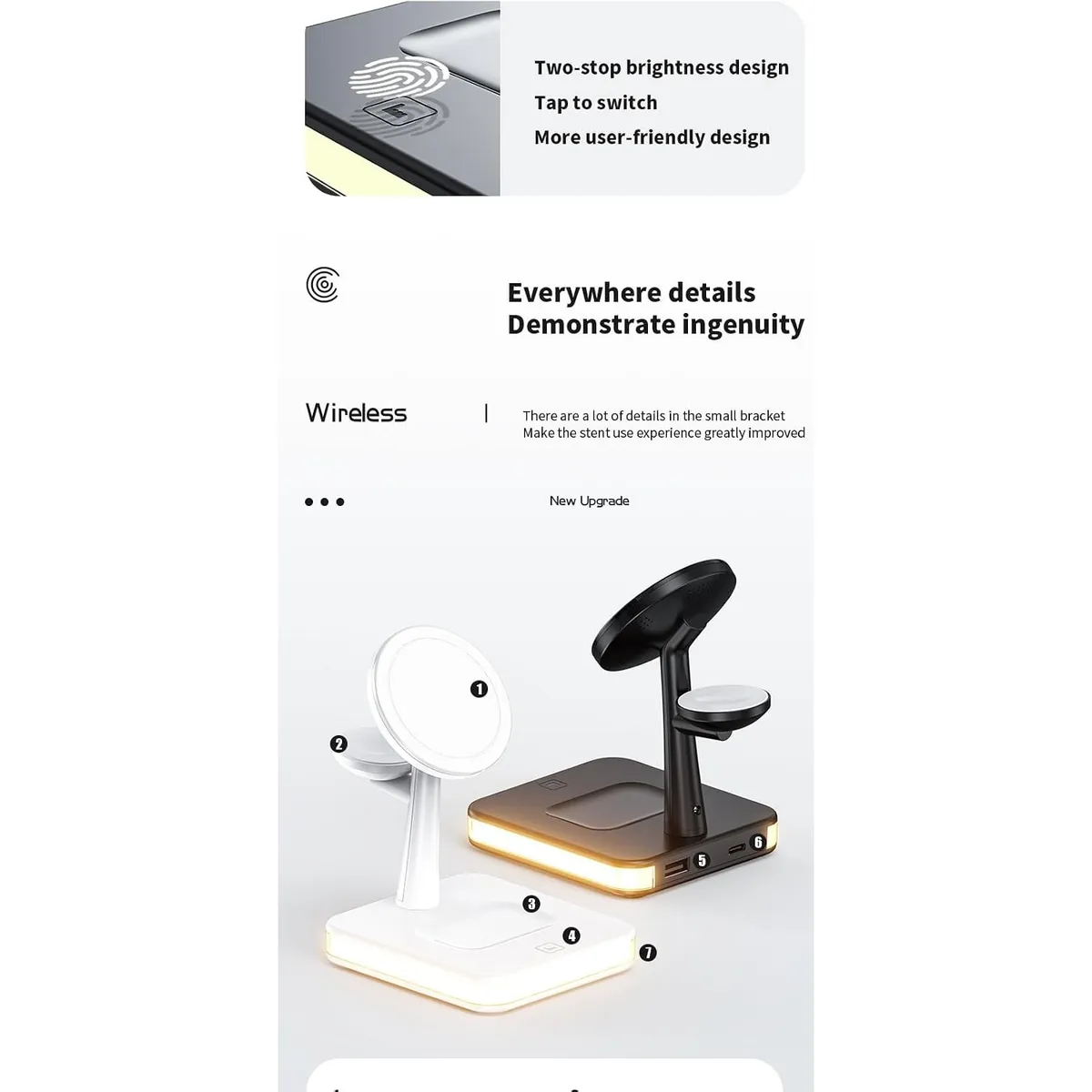 3-in-1 Magnetic Wireless Charging Station, 15W Fast Charger Dock for iPhone, Apple Watch, AirPods, with Night Light, Desktop Organizer