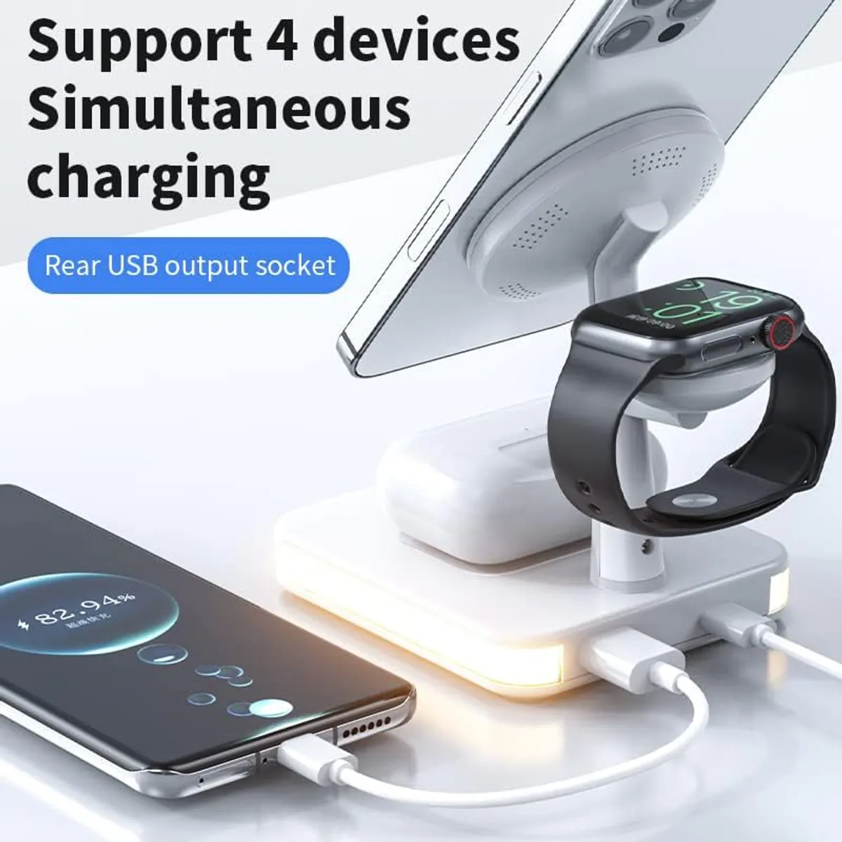 3-in-1 Magnetic Wireless Charging Station, 15W Fast Charger Dock for iPhone, Apple Watch, AirPods, with Night Light, Desktop Organizer