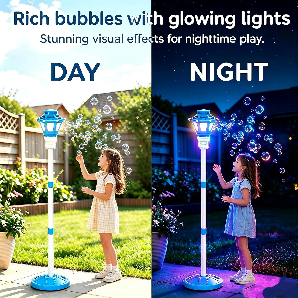 Rechargeable Automatic Bubble Machine with Stand, Adjustable Height up to 47 Inches, LED Light Up Bubble Blower, Includes 10 Solution Packs