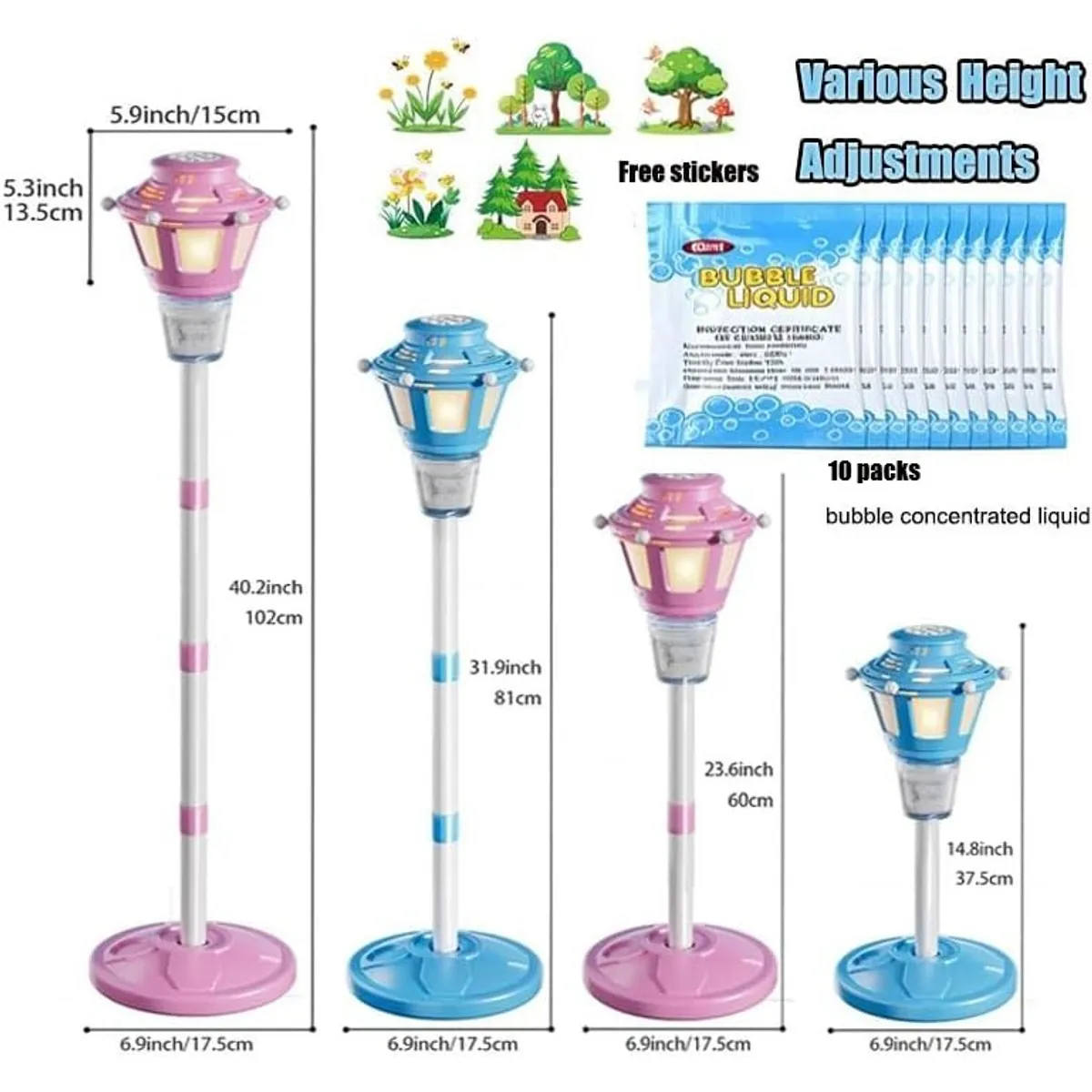 Rechargeable Automatic Bubble Machine with Stand, Adjustable Height up to 47 Inches, LED Light Up Bubble Blower, Includes 10 Solution Packs