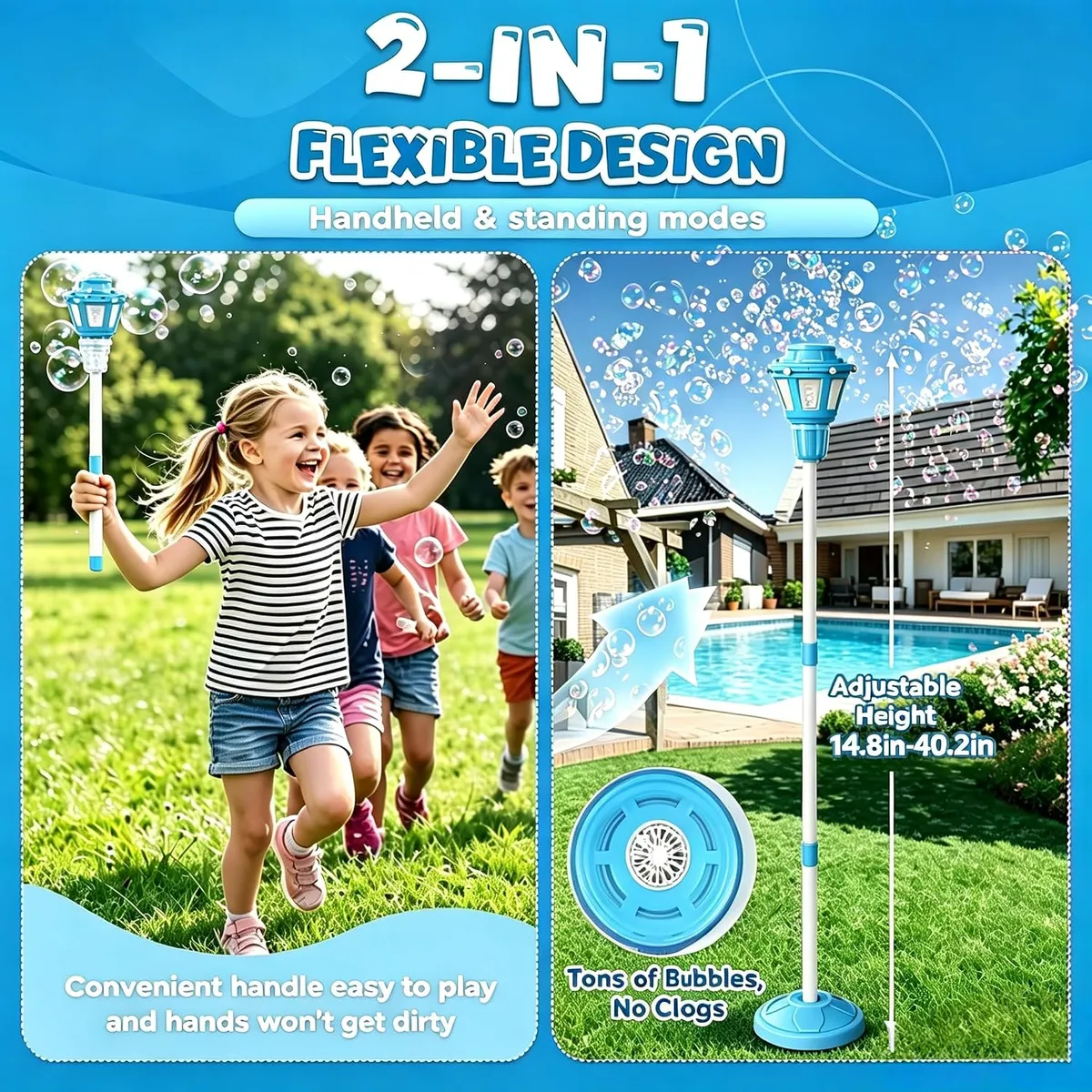 Rechargeable Automatic Bubble Machine with Stand, Adjustable Height up to 47 Inches, LED Light Up Bubble Blower, Includes 10 Solution Packs