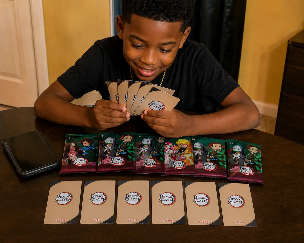Demon Slayer Mugen Train Mystery Card Pack  5 Random Holographic Cards + FREE 6 Jujutsu Kaisen Stickers | Anime Bundle