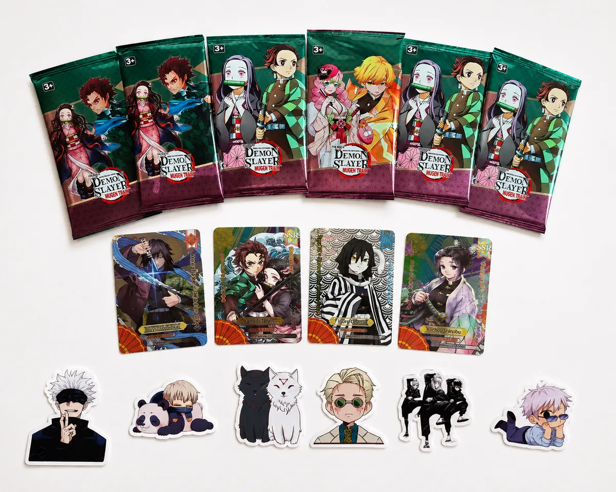Demon Slayer Mugen Train Mystery Card Pack  5 Random Holographic Cards + FREE 6 Jujutsu Kaisen Stickers | Anime Bundle