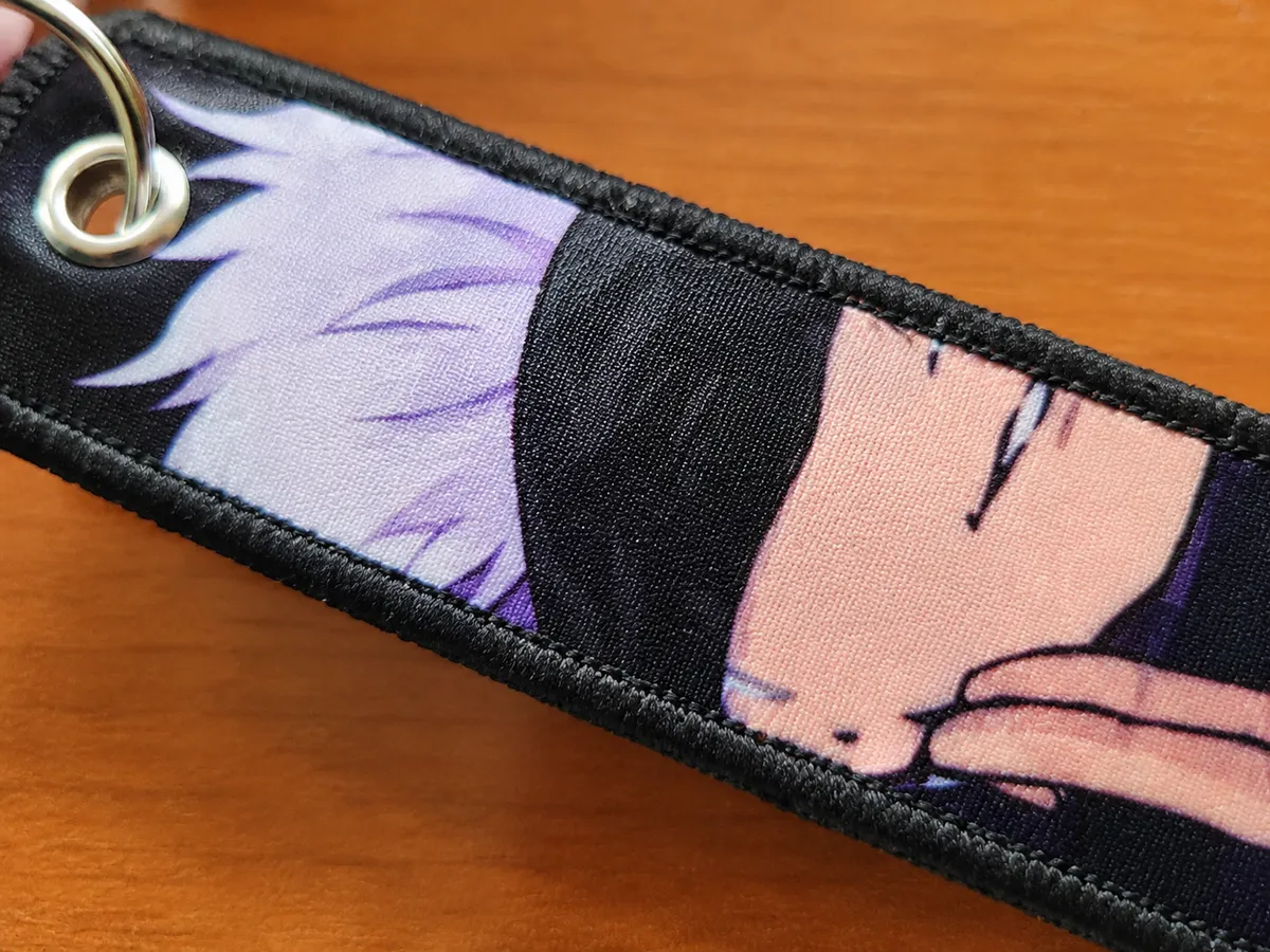Satoru Gojo Anime Embroidery Keychain + FREE 6 Jujutsu Kaisen Stickers | JJK Fan Gift Bundle | Key Ring Backpack Tag
