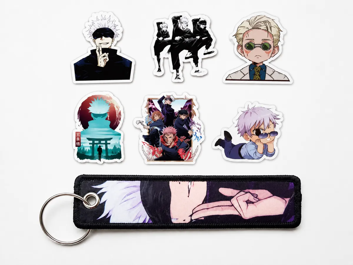 Satoru Gojo Anime Embroidery Keychain + FREE 6 Jujutsu Kaisen Stickers | JJK Fan Gift Bundle | Key Ring Backpack Tag