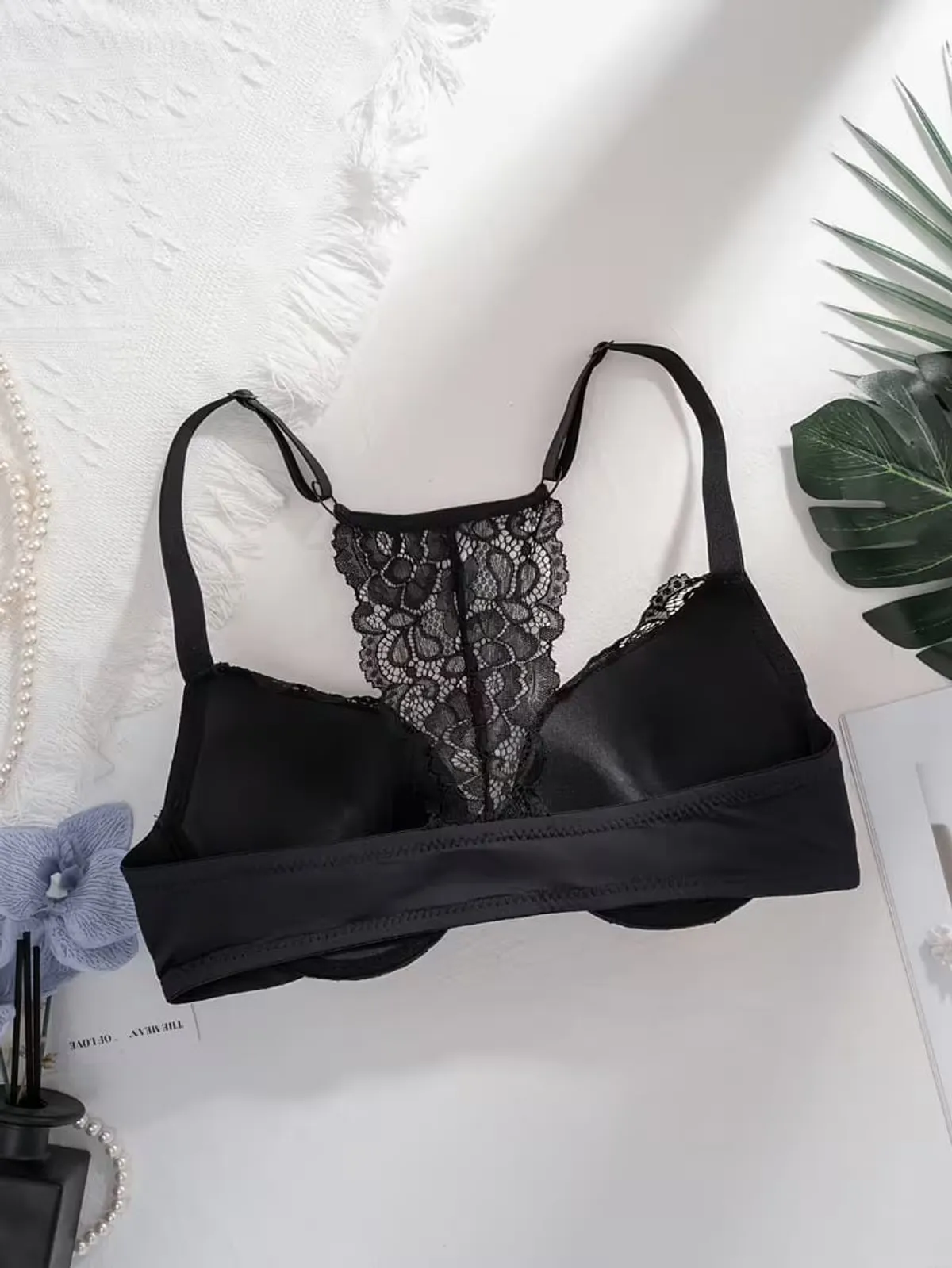 Women's Sexy Underwire Bra with Moulded Cups, French-Style Lace Back, and Front Closure for Small-Chest Enhancement, 75B - Black