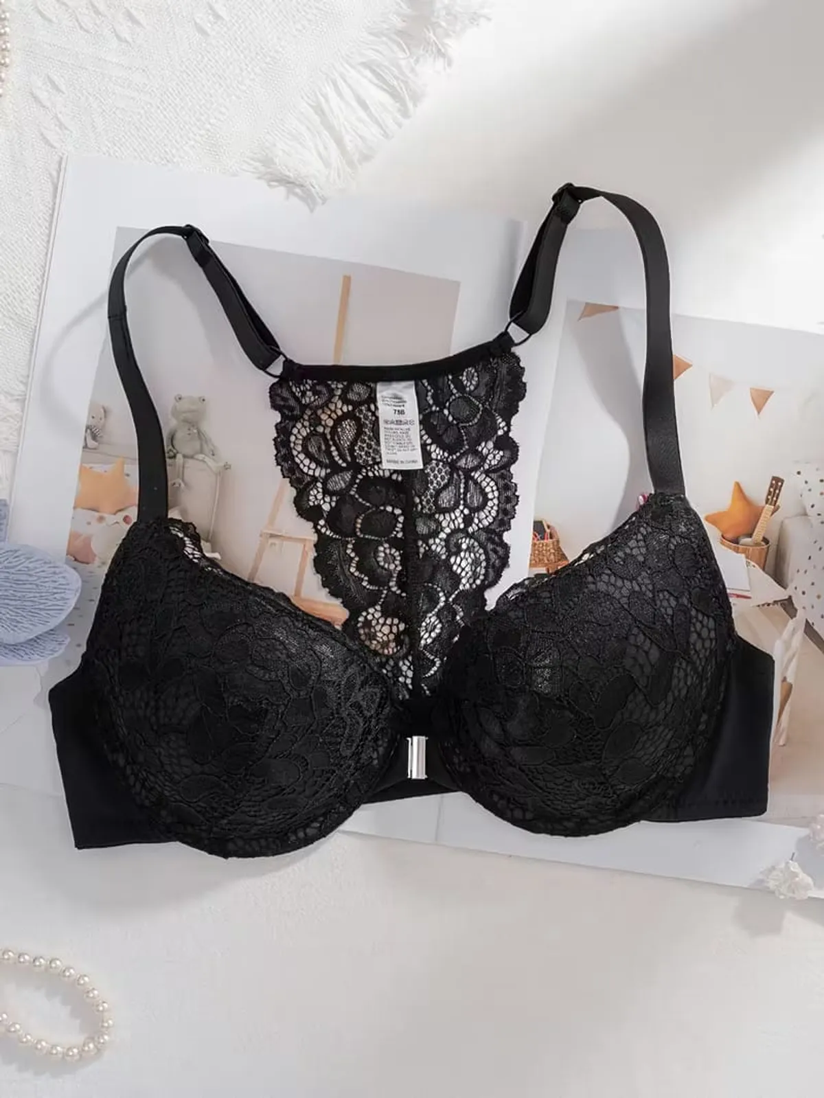 Women's Sexy Underwire Bra with Moulded Cups, French-Style Lace Back, and Front Closure for Small-Chest Enhancement, 75B - Black