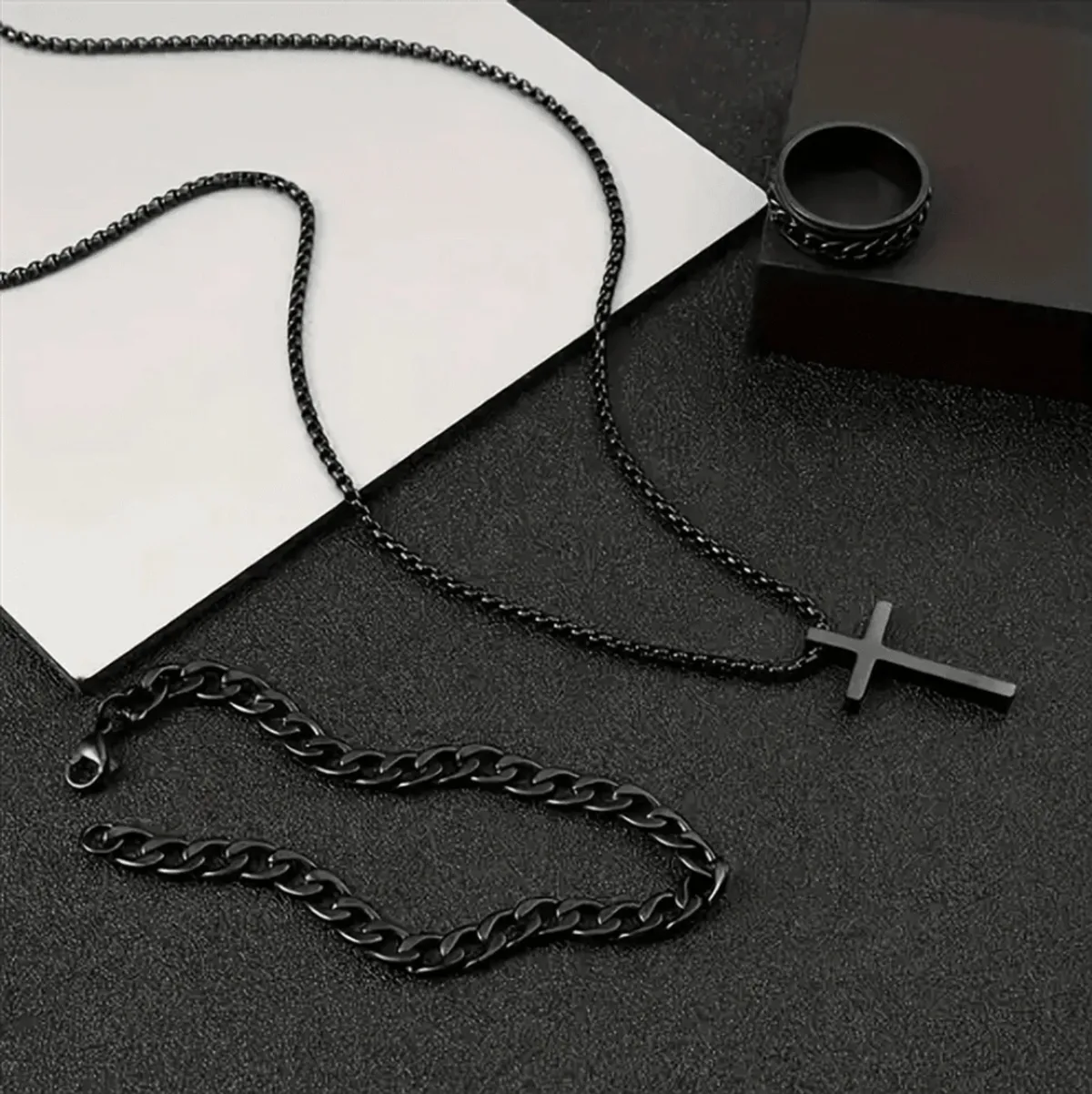 3pcs Men's Hip Hop Stainless Steel  Chain Rotate Decompression Ring Cross Set