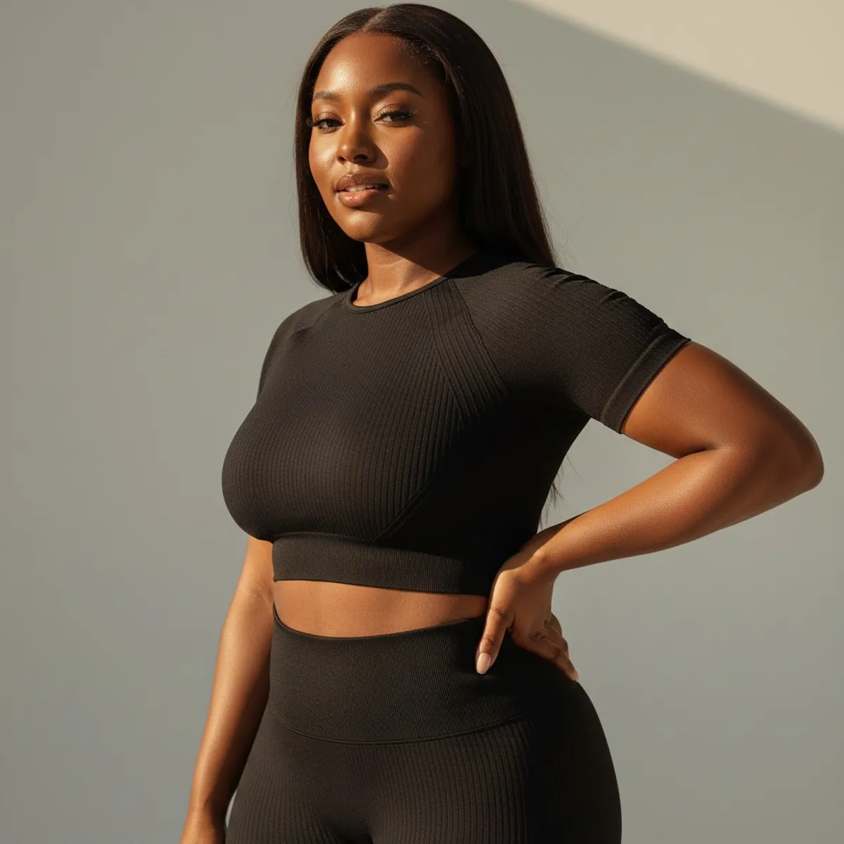 Women Seamless Ribbed Top And Leggings Workout - Size L