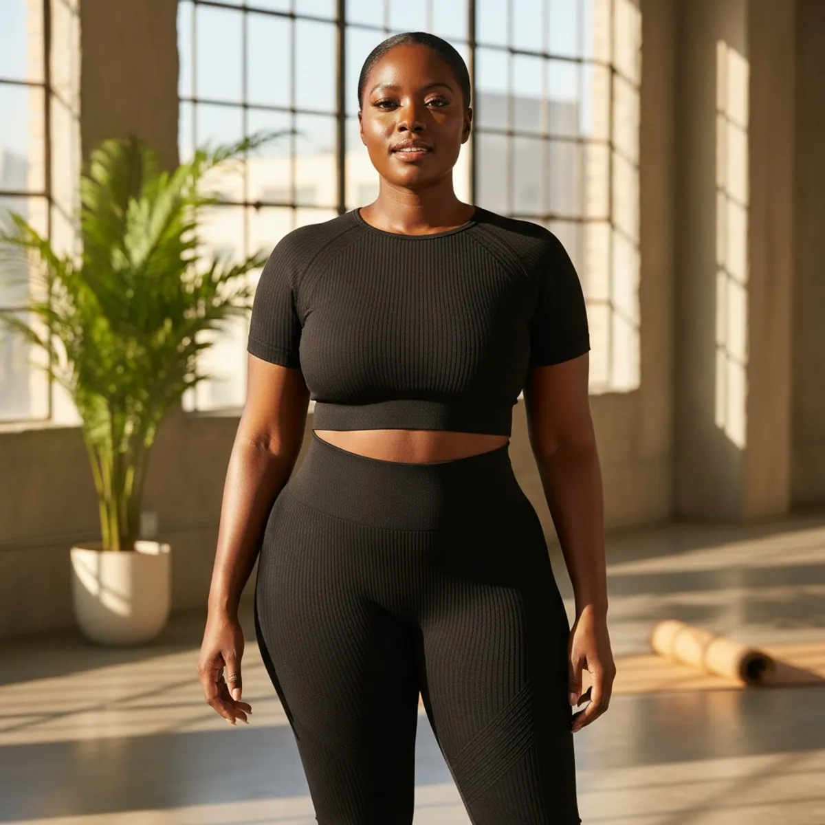 Women Seamless Ribbed Top And Leggings Workout - Size L