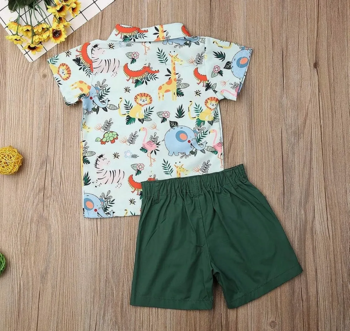 Baby Toddler Boy Outfits 2T 3T 4T 5T Clothes Summer Kids Pattern Short Sleeve Button Down Shirt & Shorts Set Zoo Green