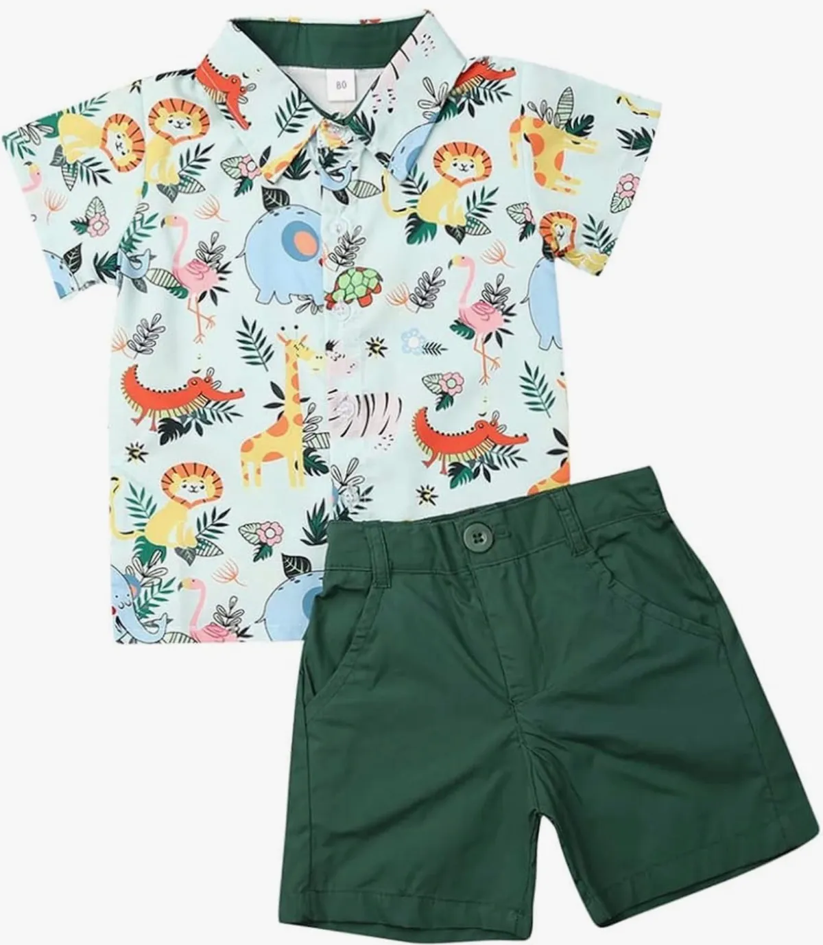 Baby Toddler Boy Outfits 2T 3T 4T 5T Clothes Summer Kids Pattern Short Sleeve Button Down Shirt & Shorts Set Zoo Green